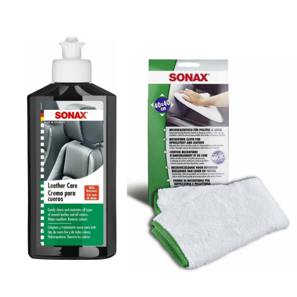 photo-Kit - Entretien cuir et textile - Sièges de voiture - Lotion et chiffon microfibres - SONAX