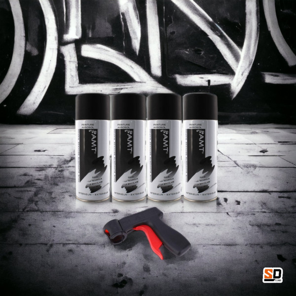 4 bombes de peinture noir mat 330ml - Amt + pistolet pour bombe de peinture