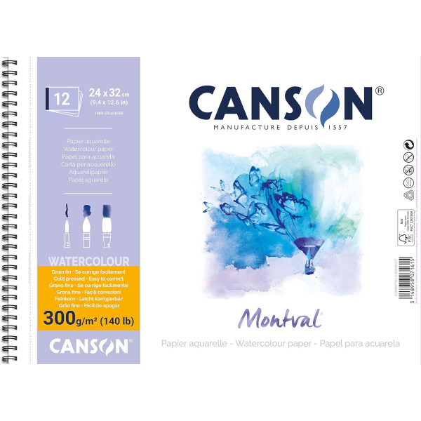 Photo - Bloc - Aquarelle - Spirales - 24x32 cm - Grain fin - 12 Feuilles - 300g - Montval - Canson
