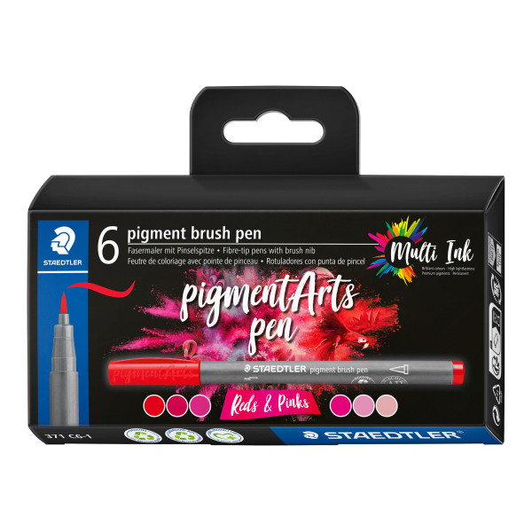 photo-6 feutres - Pointe pinceau - Staedtler - Pigment Arts Pen - Assortis rouge et rose
