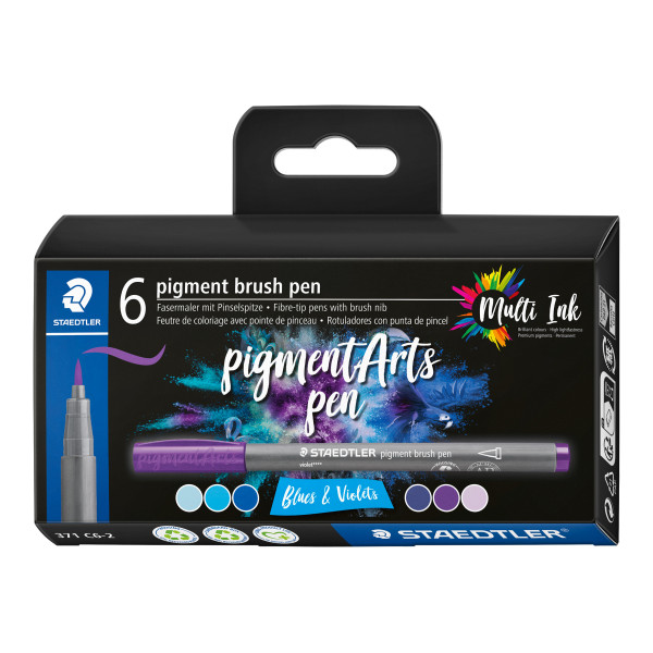 photo-6 feutres - Pointe pinceau - Staedtler - Pigment Arts Pen - Assortis bleu et violet