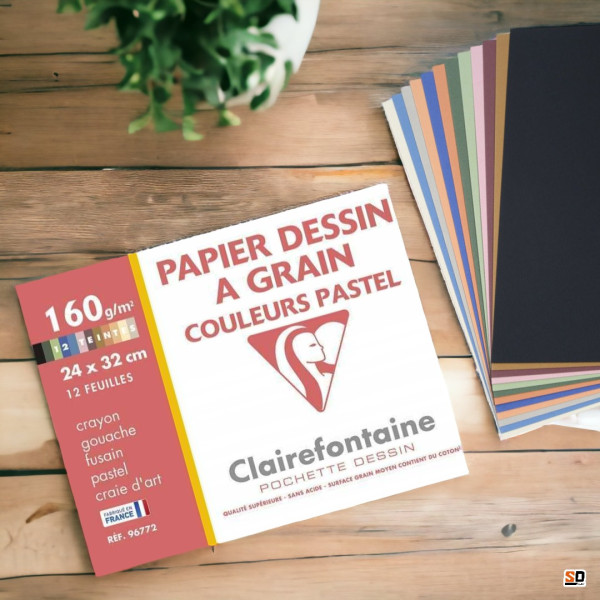 Papier dessin à grain Clairefontaine couleurs pastel 24x32 cm 160g