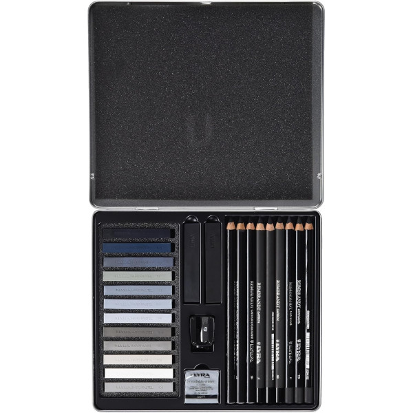 photo-Crayons esquisse - Pastels - Tons gris - Beaux-arts - Boîte métal - 25 pièces - Lyra