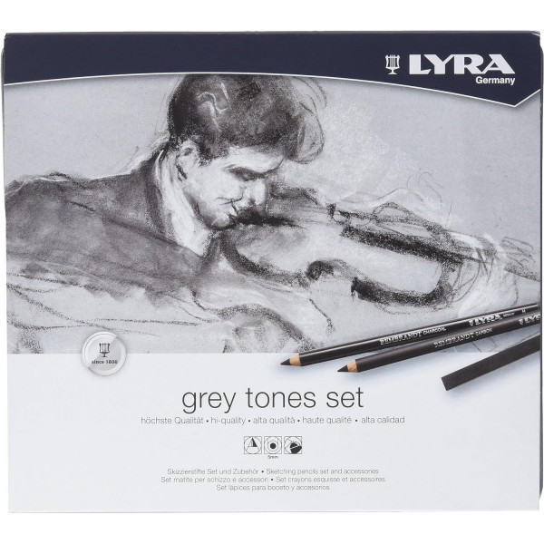 Crayons esquisse - Pastels - Tons gris - Beaux-arts - Boîte métal - 25 pièces - Lyra