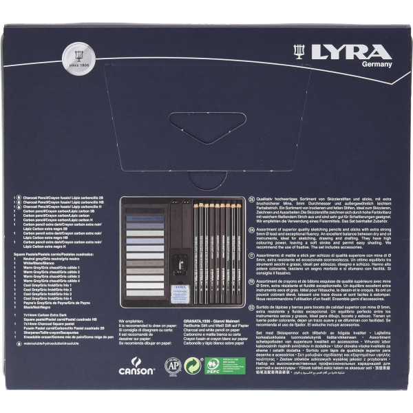 Crayons esquisse - Pastels - Tons gris - Beaux-arts - Boîte métal - 25 pièces - Lyra