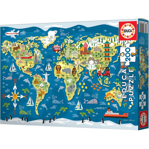 Puzzle - 200 pièces - Carte du monde - 40x28cm - Enfant - Educa
