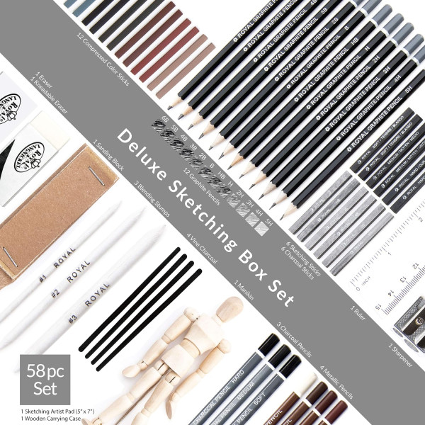 Coffret - Crayons couleurs et graphite - Esquisse et dessin - 58 pièces - Royal & Langnickel