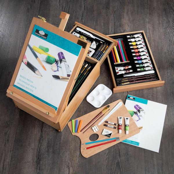 Coffret - Chevalet d'artiste - Acrylique, aquarelle, pastels, crayons et accessoires - 104 pièces