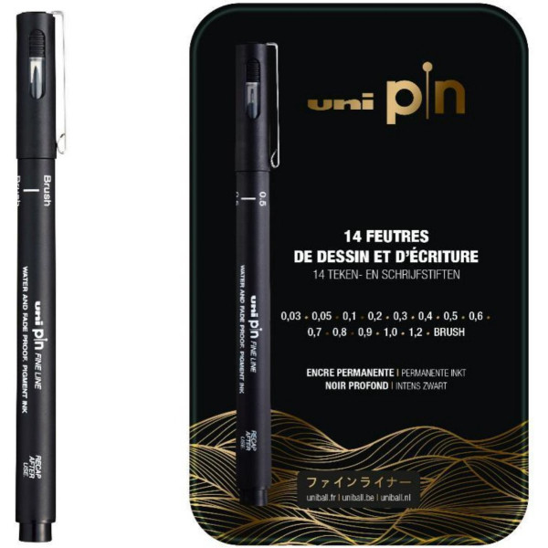 Feutres - Dessin et écriture - Uni-Pin - Noir - 14 pièces - Boîte collector