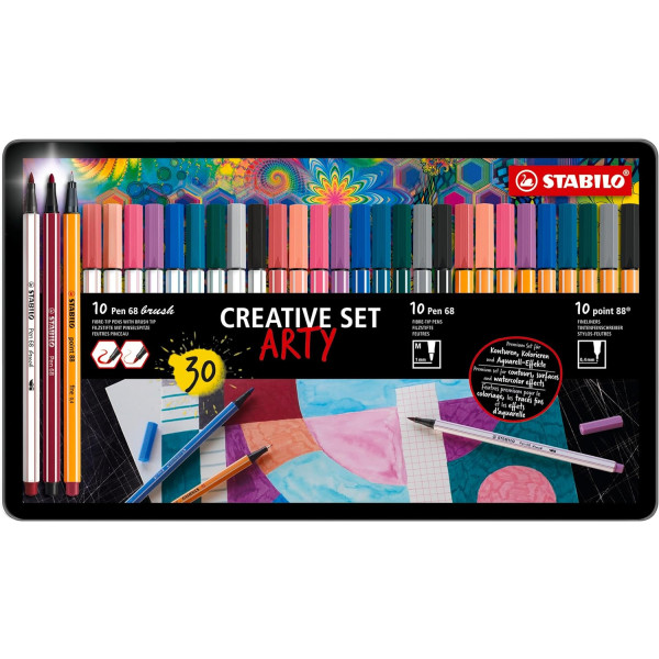 photo-Feutres - STABILO ARTY - Coffret métal créatif - Pen 68 - Pen 68 Brush - Point 88