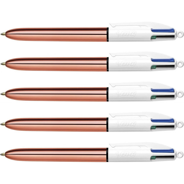photo-Lot de 5 stylos bille - 4 Couleurs - Pointe Moyenne - Bic - Corps Métal Cuivre