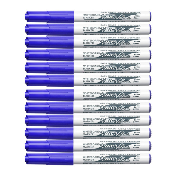 photo-Lot de 12 marqueurs effaçable - Velleda 1741 - Bleu - Bic - Pointe moyenne conique