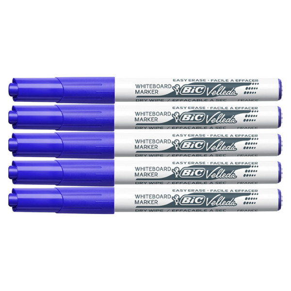 photo-Lot de 5 marqueurs effaçable - Velleda 1741 - Bleu - Bic - Pointe moyenne conique