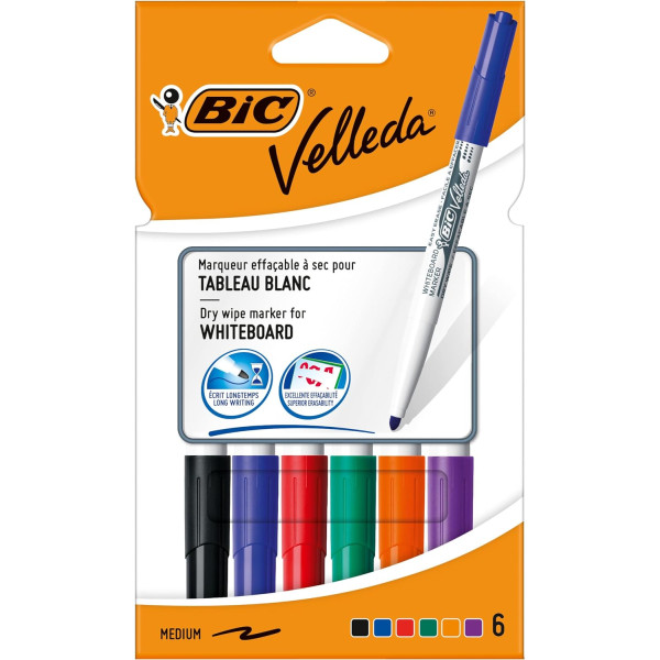 photo-Pochette De 6 Marqueurs Effaçables - Velleda 1741 - Assortiment - Bic