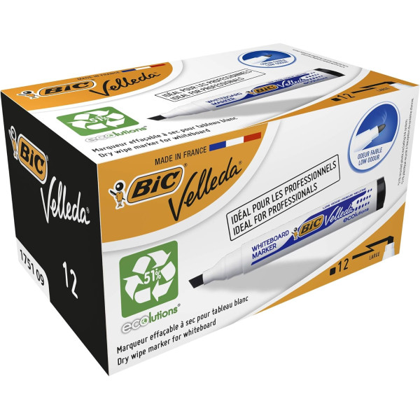 photo-Lot de 12 marqueurs effaçable - Velleda 1751 - Noir - Bic - Pointe moyenne biseautée