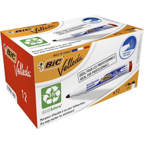 photo-Lot de 12 marqueurs effaçable - Velleda 1701 - Rouge - Bic - Pointe moyenne conique