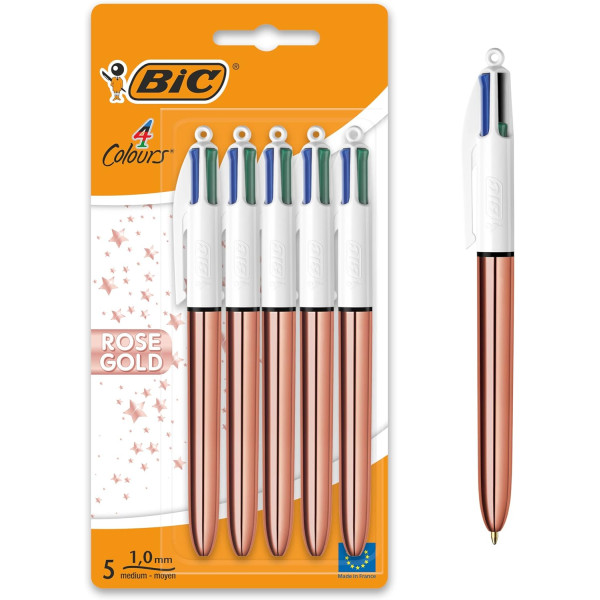 photo-Lot de 5 stylos bille - 4 Couleurs - Pointe Moyenne - Bic - Corps Métal Cuivre