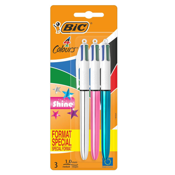 BIC Lot De 3 Stylos 4 Couleurs Motifs Dégradés - Encre Bleu, Noir, Rouge, Vert - Pointe 1.0 Mm, Rechargeable