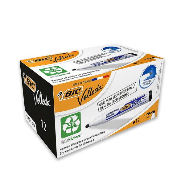 photo-Lot de 12 marqueurs effaçable - Velleda 1701 - Noir - Bic - Pointe moyenne conique
