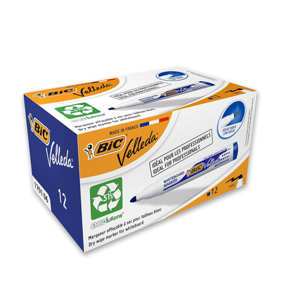 photo-Lot de 12 marqueurs effaçable - Velleda 1701 - Bleu - Bic - Pointe moyenne conique
