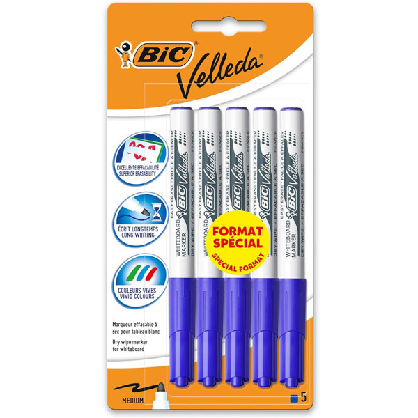 photo-Lot de 5 marqueurs effaçable - Velleda 1741 - Bleu - Bic - Pointe moyenne conique