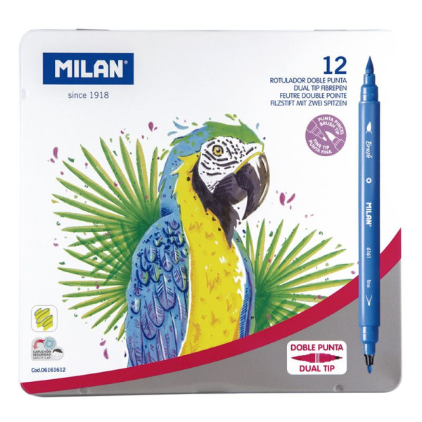 photo-Feutres de coloriage - Double pointe - Fine et pinceau - 12 couleurs - Milan