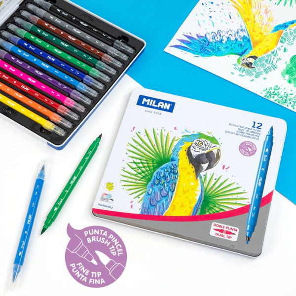 Feutres de coloriage - Double pointe - Fine et pinceau - 12 couleurs - Milan
