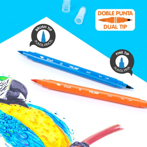 Feutres de coloriage - Double pointe - Fine et pinceau - 12 couleurs - Milan