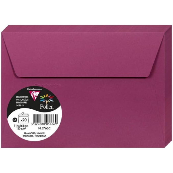 photo-Enveloppes - Format C6 - 114x162mm - Pollen - Framboise - 20 unités - Clairefontaine