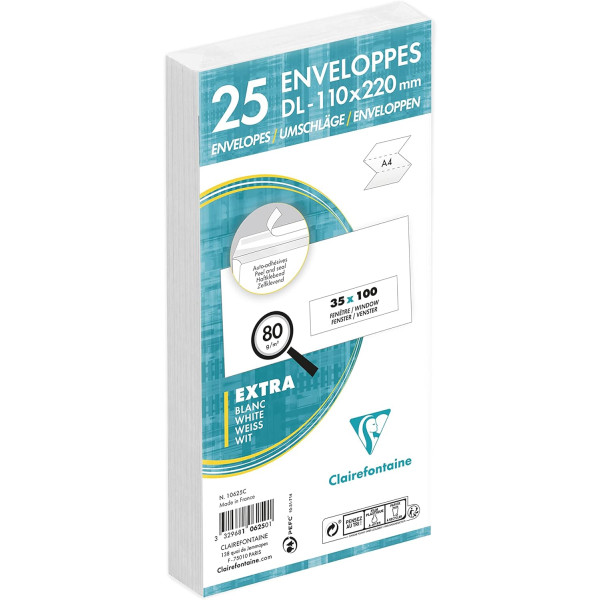 Enveloppes - DL - 110x220mm - Auto-adhésives - Avec fenêtre - Paquet de 25