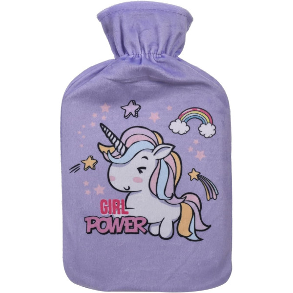 photo-Bouillotte - 1L - Housse en flanelle - Licorne girl power - Eau chaude - Enfant