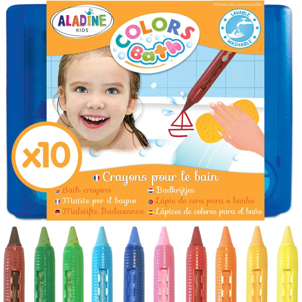 photo-Crayons de coloriage - Pour le bain - Effaçable à l'eau - 10 couleurs - Aladine