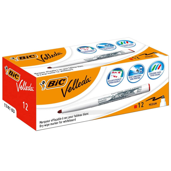 photo-12 marqueurs - Rouge - Pour tableaux blancs - Effaçable - Velleda 1741- Bic