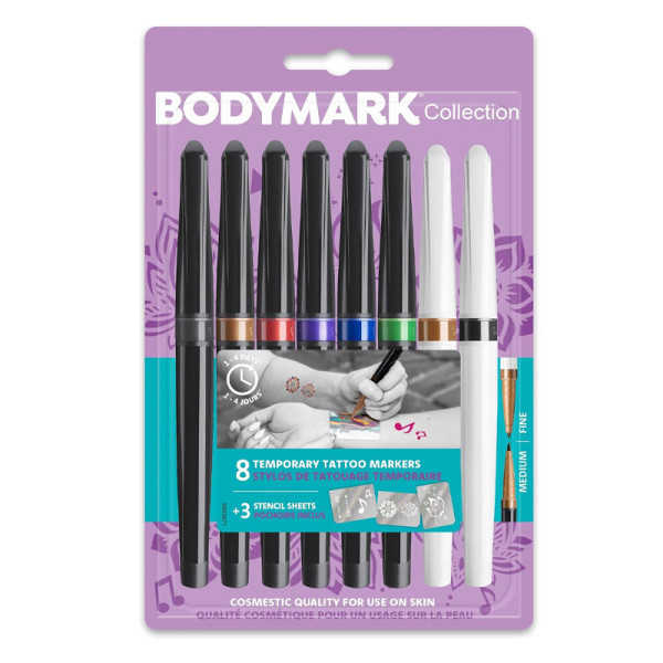 photo-8 stylos de tatouage temporaire + 3 pochoirs - Assortis couleurs - BIC - BodyMark