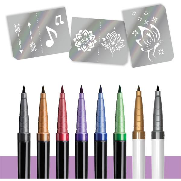 8 stylos de tatouage temporaire + 3 pochoirs - Assortis couleurs - BIC - BodyMark