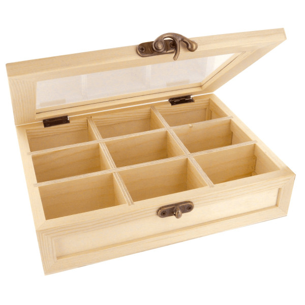 photo - Boite - 9 compartiments - Bois - A décorer - 21,5x18,5x4,5 cm