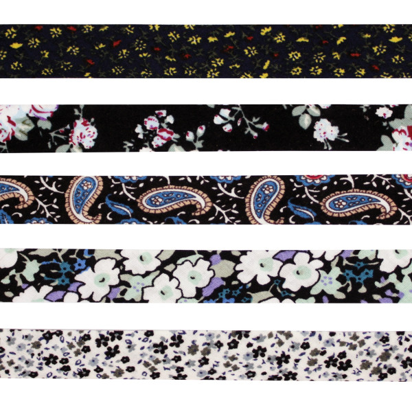 Biais en coton - Finition pour couture - 1cm x 1m - Fleurs noir et blanc - 5 pièces