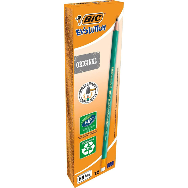 photo-12 crayons à papier - HB - Avec embout gomme - Mine résistante - BIC - Evolution