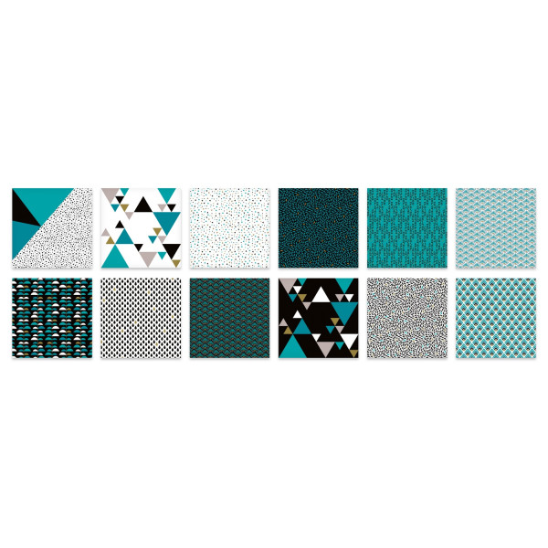 Papier pour origami - Motif graphique - Bleu/Vert/Blanc - 15x15cm - 24 feuilles