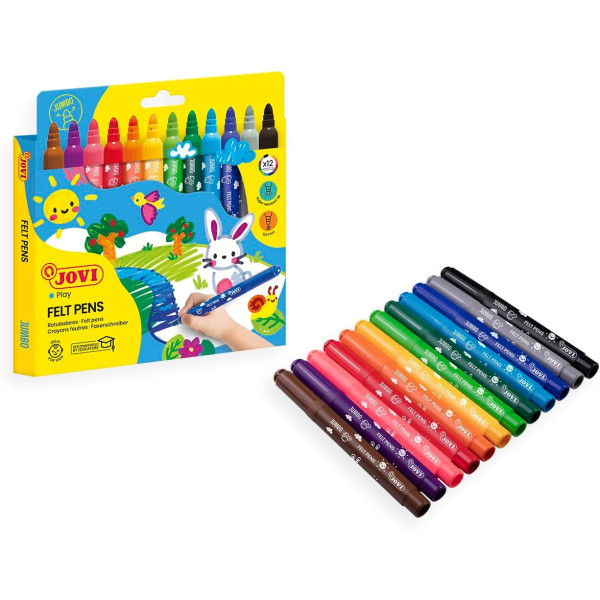 Feutres de coloriage - 12 couleurs - Enfant dès 3 ans - Encre lavable - Jovi