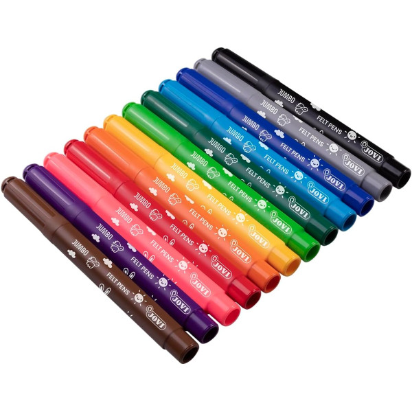 Feutres de coloriage - 12 couleurs - Enfant dès 3 ans - Encre lavable - Jovi