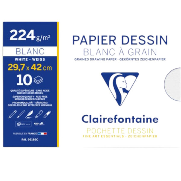 photo - Pochette 10 feuilles papier dessin blanc à grain - A3 - 29,7X42 cm - 224g - Clairefontaine