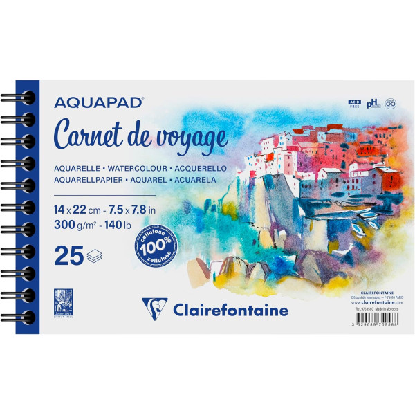 photo-Carnet de voyage - Aquarelle - Spirales - 14x22 cm - 25 feuilles - 300g - Aquapad - Clairefontaine