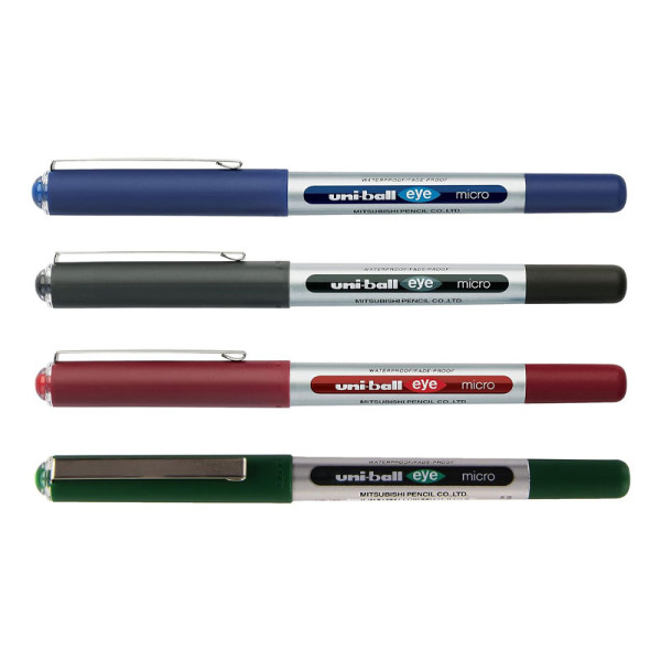 photo-Lot de 4 stylos roller - Uni Ball EYE - Pointe fine 0,5mm - Bleu, noir, rouge et vert