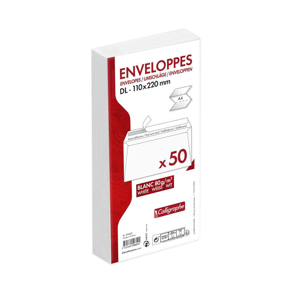 Enveloppes - Blanche - DL - 110x220mm - Auto-adhésives - Paquet de 50 - Clairefontaine