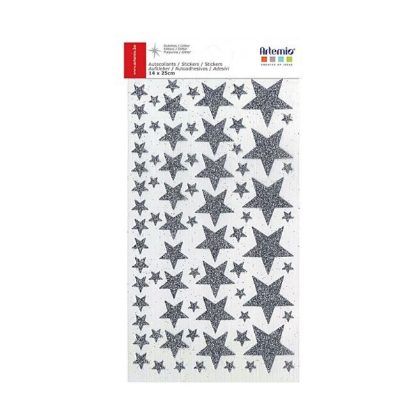 photo-Stickers - Autocollants - Etoiles - Argent pailleté - Assortiment tailles - Artémio