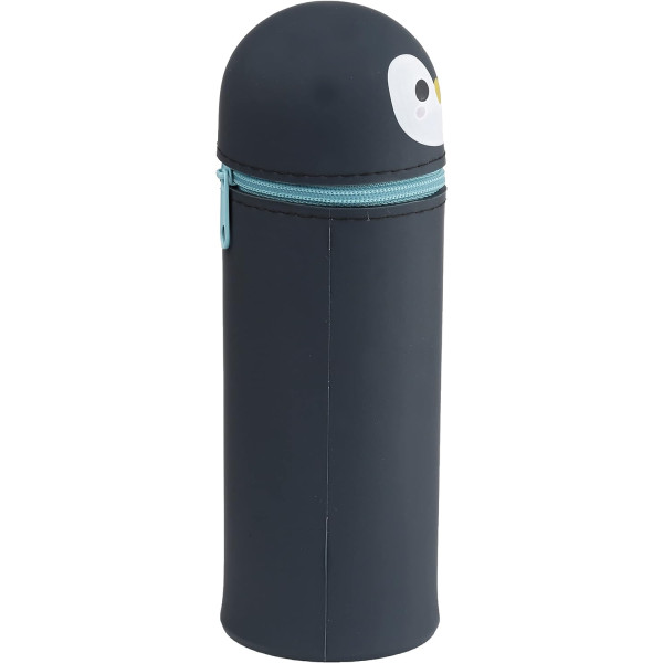 Trousse - Scolaire - Ronde - Pingouin - Silicone souple - Fermeture éclair - 18cm