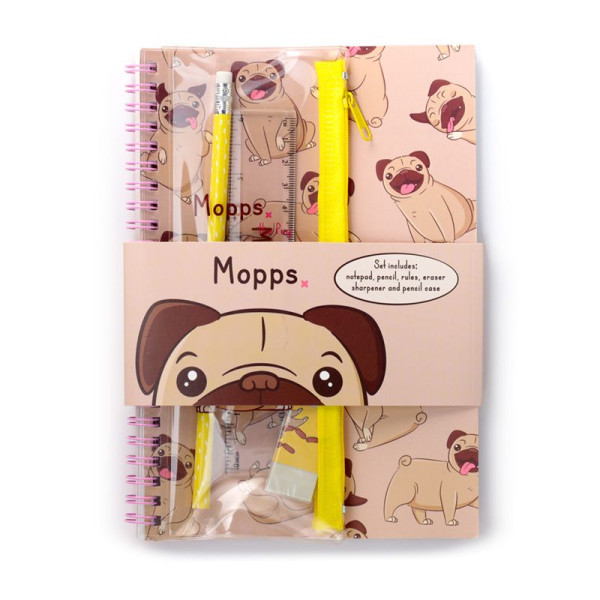 photo-Set de papeterie - Petit chien carlin - Kawaï - Carnet + accessoires + trousse