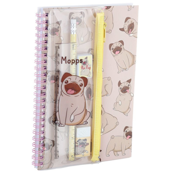 Set de papeterie - Petit chien carlin - Kawaï - Carnet + accessoires + trousse
