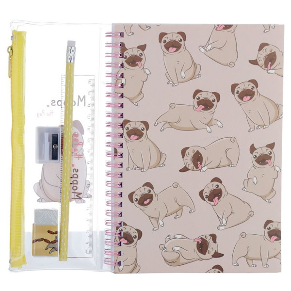 Set de papeterie - Petit chien carlin - Kawaï - Carnet + accessoires + trousse